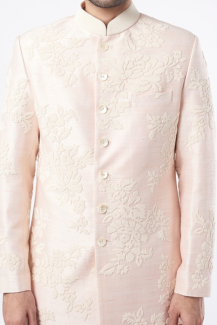 Oyster Pink Silk Embroidered Achkan Groom Sherwani Set by Divyam Mehta Men at Pernia's Pop Up Shop