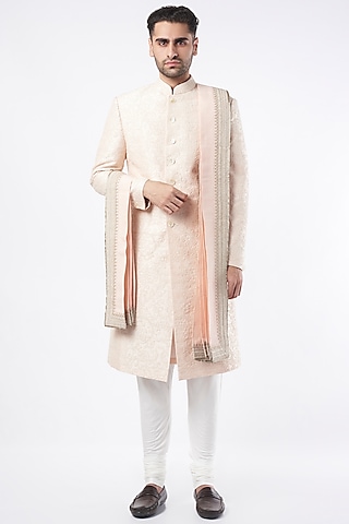 Oyster Pink Embroidered Achkan Set by Divyam Mehta Men