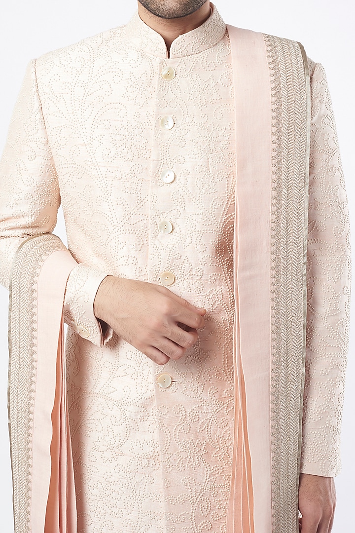 Oyster Pink Embroidered Achkan Set by Divyam Mehta Men at Pernia's Pop Up Shop