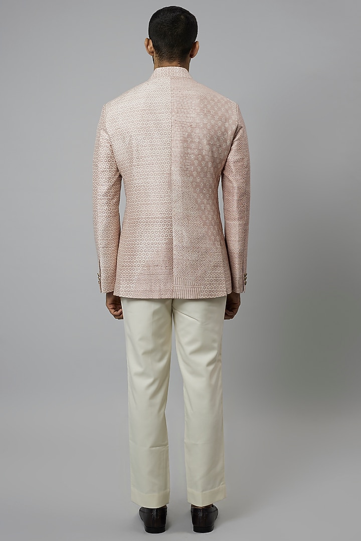 Pink Raw Silk Printed Wedding Bandhgala Set by Divyam Mehta Men at Pernia's Pop Up Shop