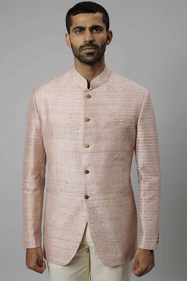 Pink Raw Silk Printed Wedding Bandhgala Set by Divyam Mehta Men at Pernia's Pop Up Shop