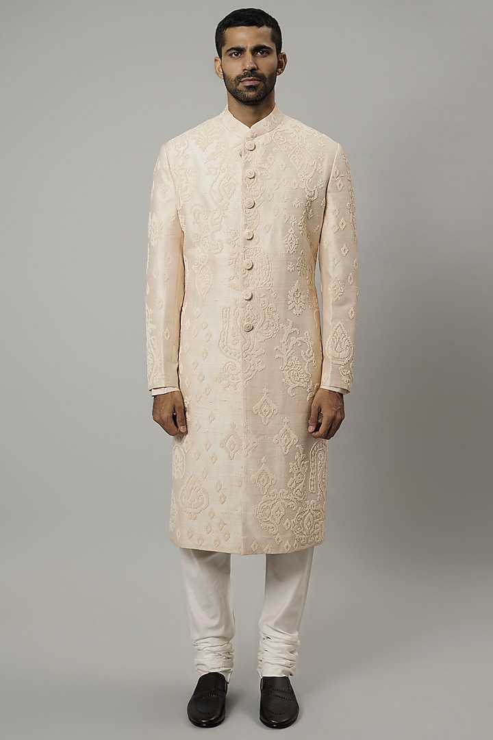 Oyster Pink Raw Silk & Katan Silk Embroidered Sherwani Set by Divyam Mehta Men