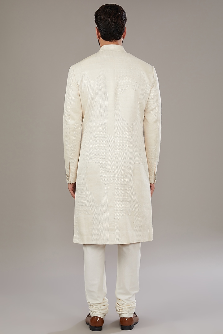 Ivory Raw Silk Groom Sherwani Set by Divyam Mehta Men at Pernia's Pop Up Shop