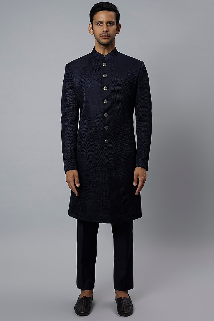 Space Blue Raw Silk & Blended Wool Sherwani Set by Divyam Mehta Men