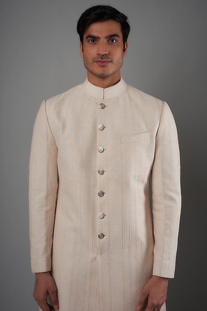 Pink Raw Silk Wedding Sherwani Set by Divyam Mehta Men at Pernia's Pop Up Shop