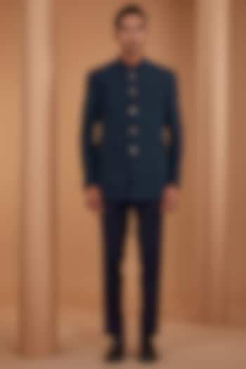 Blue Raw Silk Bandhgala Set by Divyam Mehta Men