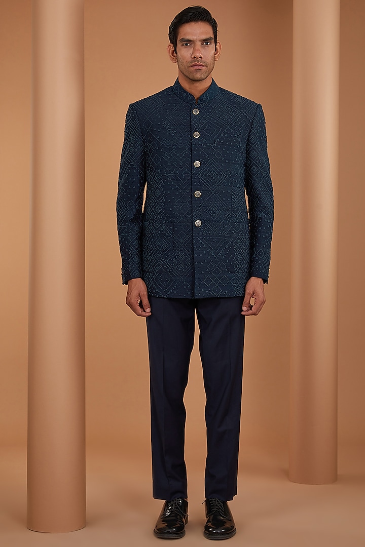 Blue Raw Silk Bandhgala Set by Divyam Mehta Men