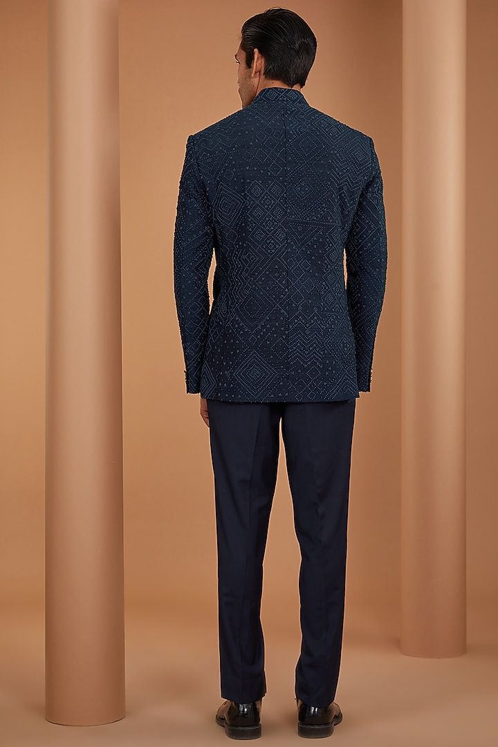 Blue Raw Silk Groom Bandhgala Set by Divyam Mehta Men at Pernia's Pop Up Shop