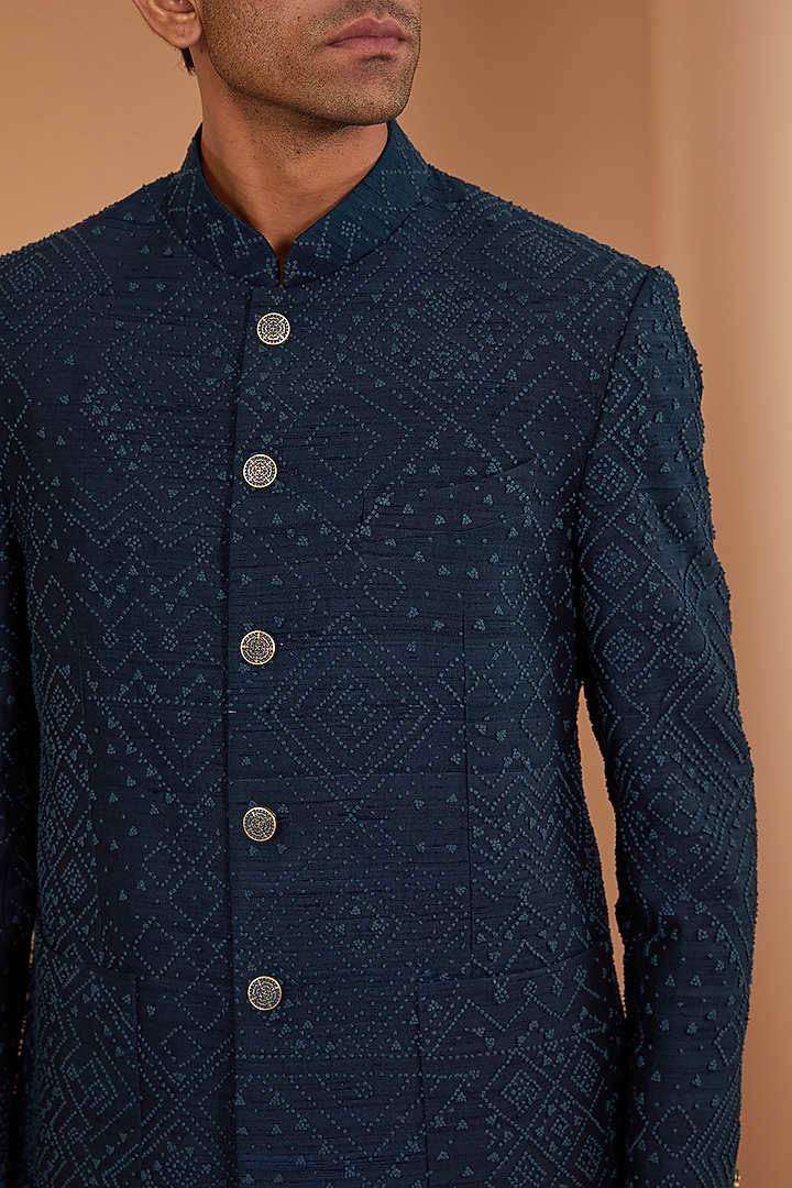 Blue Raw Silk Groom Bandhgala Set by Divyam Mehta Men at Pernia's Pop Up Shop