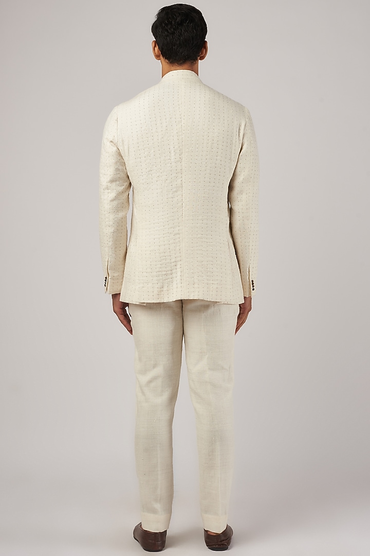 Ivory Silk Textured Groom Bandhgala Set by Divyam Mehta Men at Pernia's Pop Up Shop