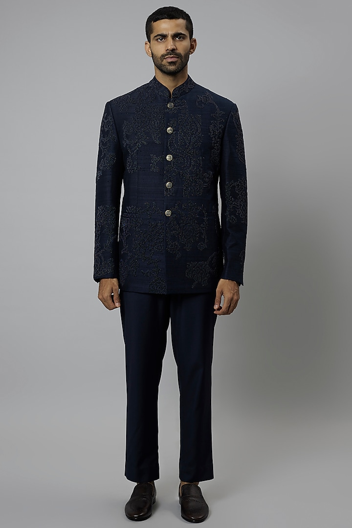 Space Blue Raw Silk & Blended Wool Bandhgala Set by Divyam Mehta Men