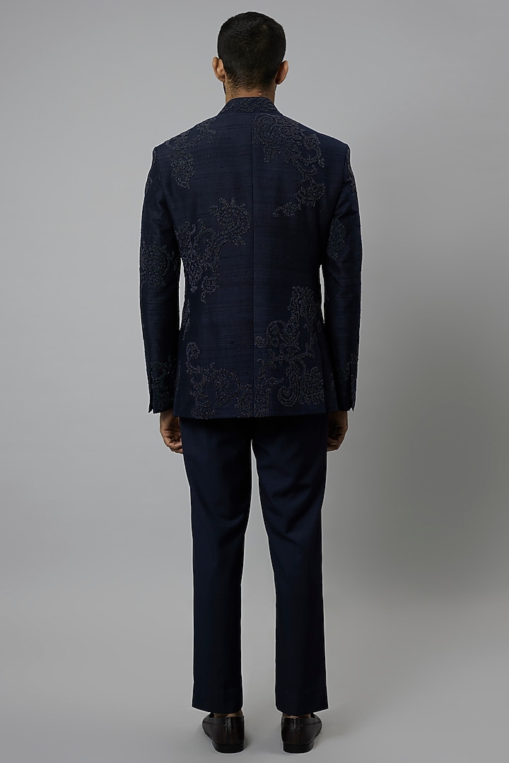Space Blue Raw Silk & Blended Wool Groom Bandhgala Set by Divyam Mehta Men at Pernia's Pop Up Shop