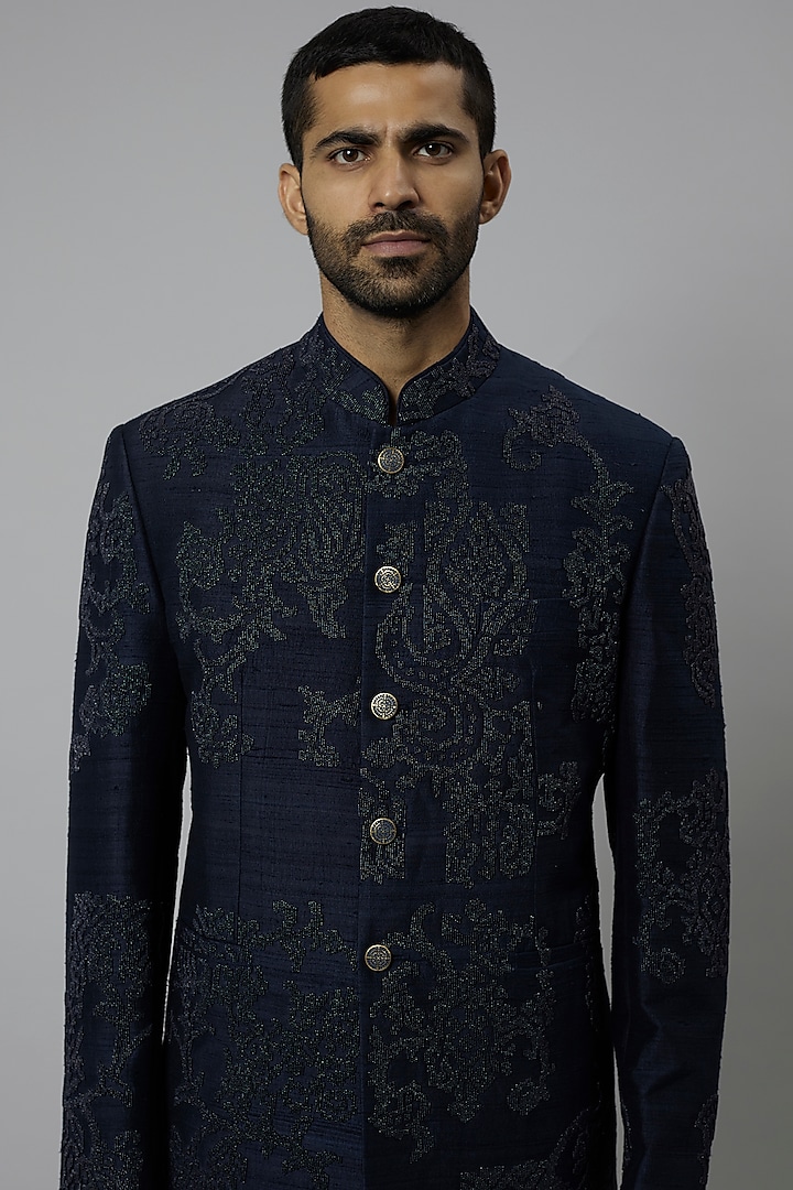 Space Blue Raw Silk & Blended Wool Groom Bandhgala Set by Divyam Mehta Men at Pernia's Pop Up Shop