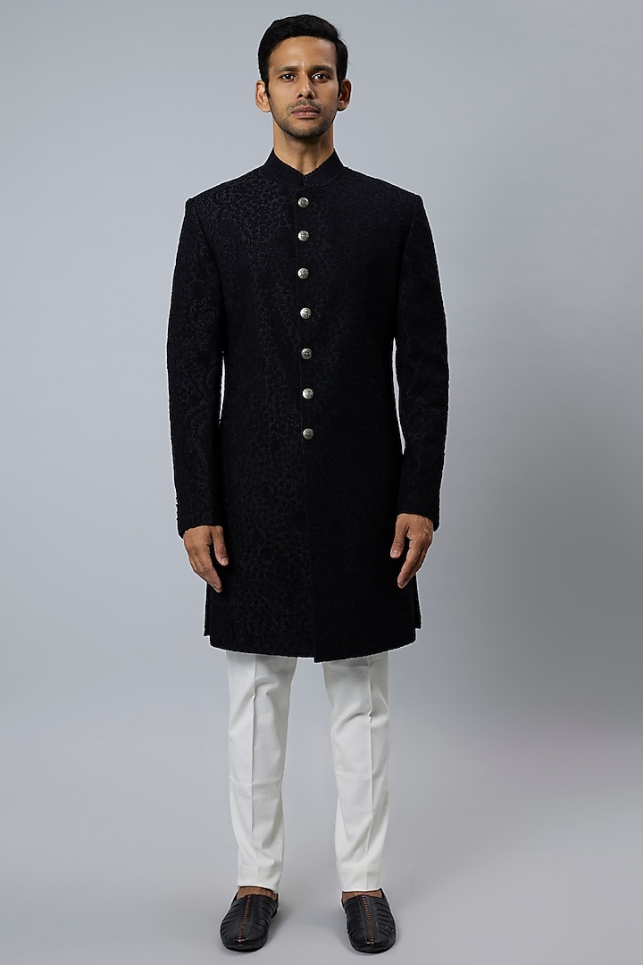 Space Blue Raw Silk & Stretch Cotton Sherwani Set by Divyam Mehta Men