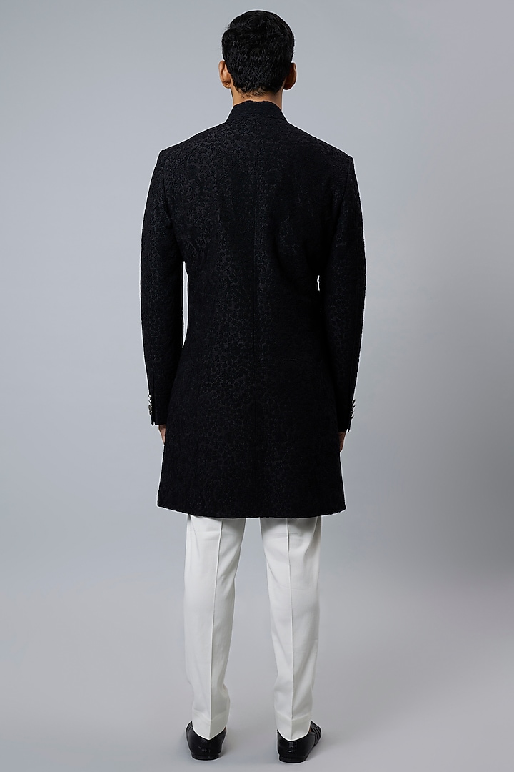 Space Blue Raw Silk & Stretch Cotton Groom Sherwani Set by Divyam Mehta Men at Pernia's Pop Up Shop