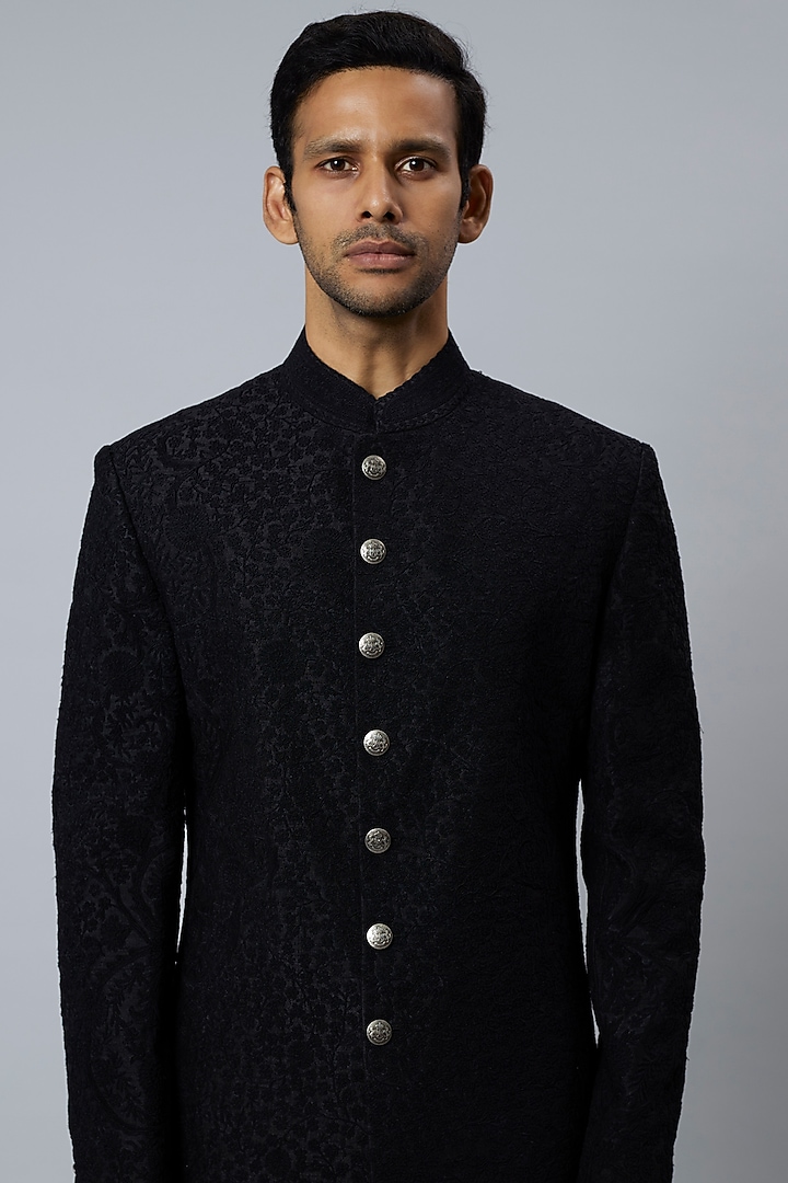 Space Blue Raw Silk & Stretch Cotton Groom Sherwani Set by Divyam Mehta Men at Pernia's Pop Up Shop