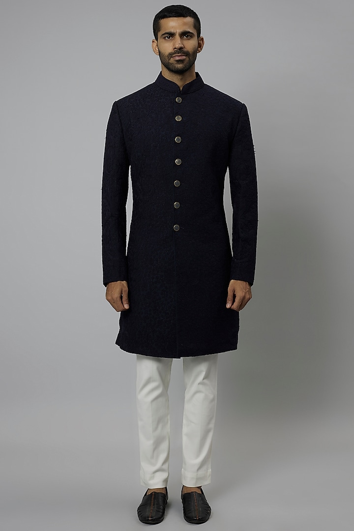 Black Raw Silk & Stretch Cotton Sherwani Set by Divyam Mehta Men