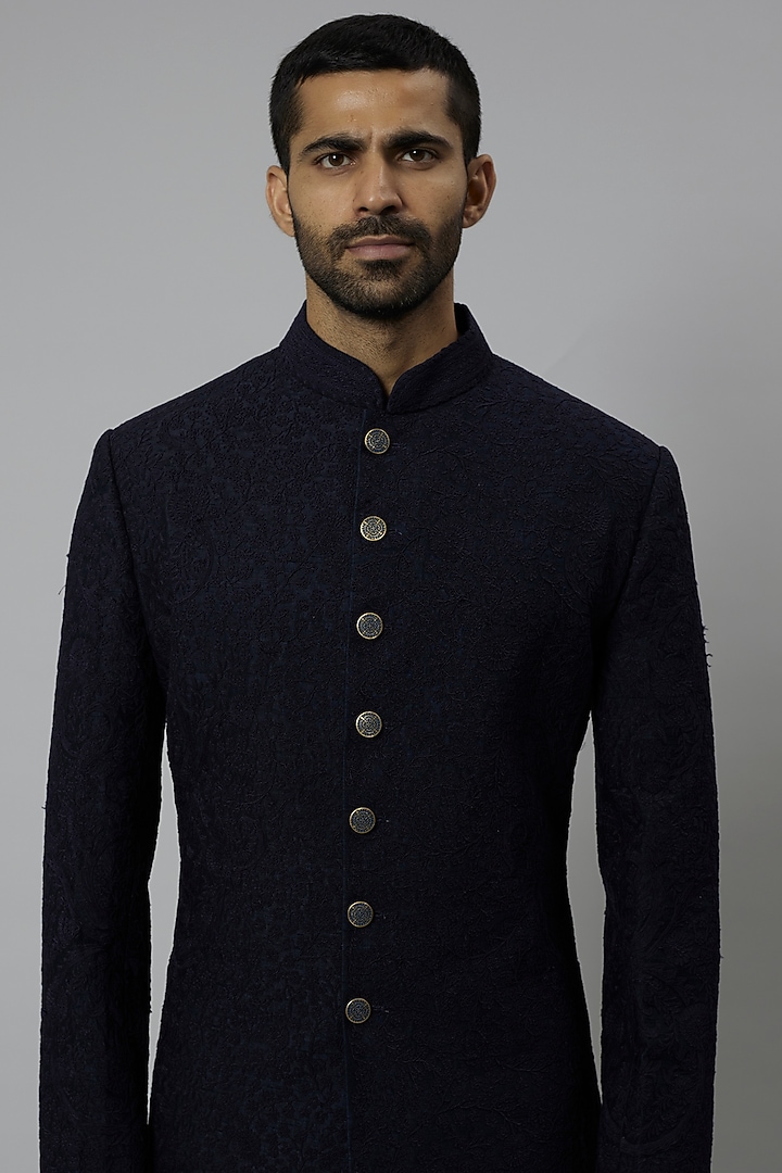 Black Raw Silk & Stretch Cotton Groom Sherwani Set by Divyam Mehta Men at Pernia's Pop Up Shop