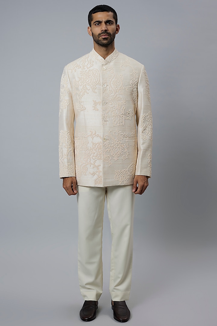 Ivory Raw Silk & Blended Wool Bandhgala Set by Divyam Mehta Men