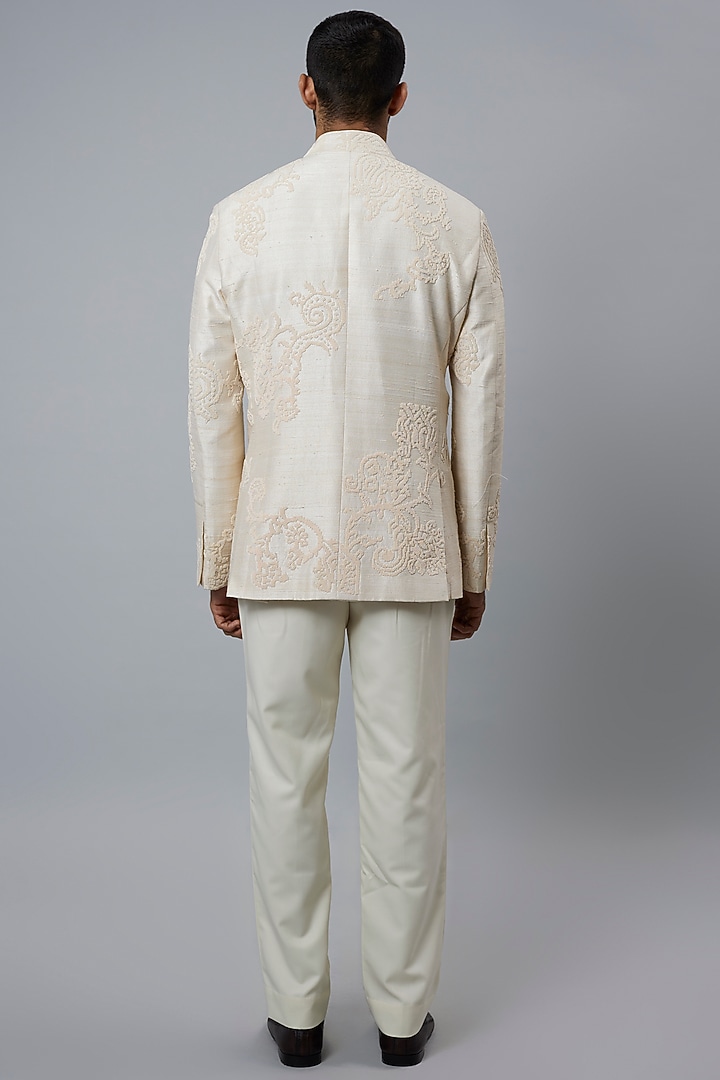Ivory Raw Silk & Blended Wool Groom Bandhgala Set by Divyam Mehta Men at Pernia's Pop Up Shop