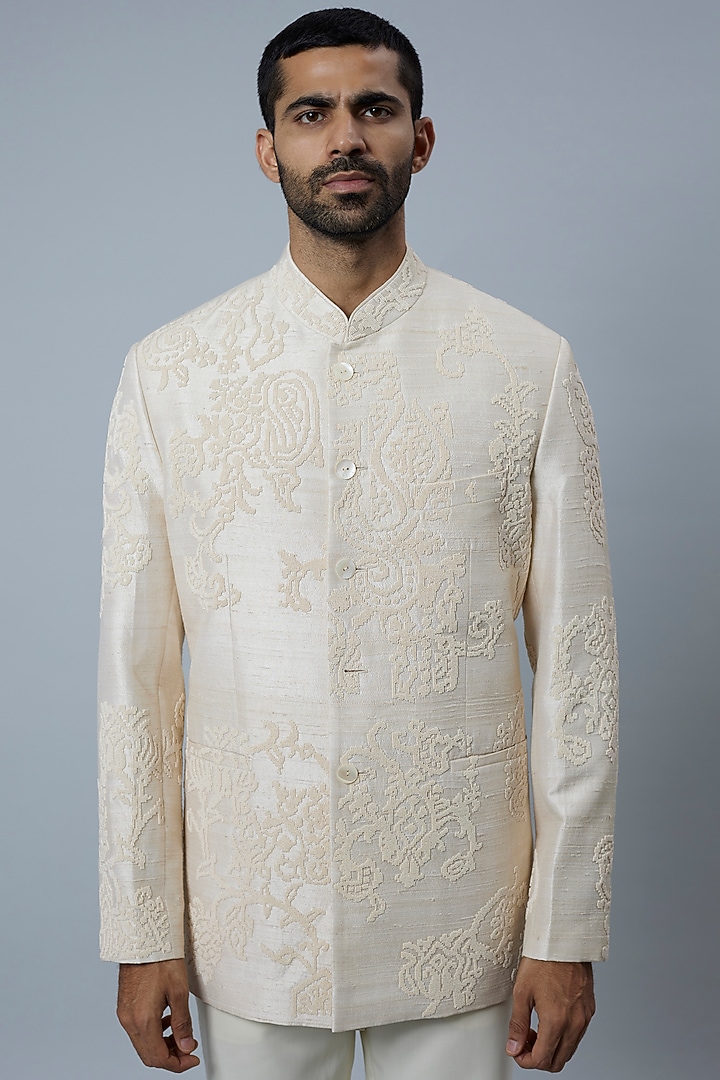 Ivory Raw Silk & Blended Wool Groom Bandhgala Set by Divyam Mehta Men at Pernia's Pop Up Shop