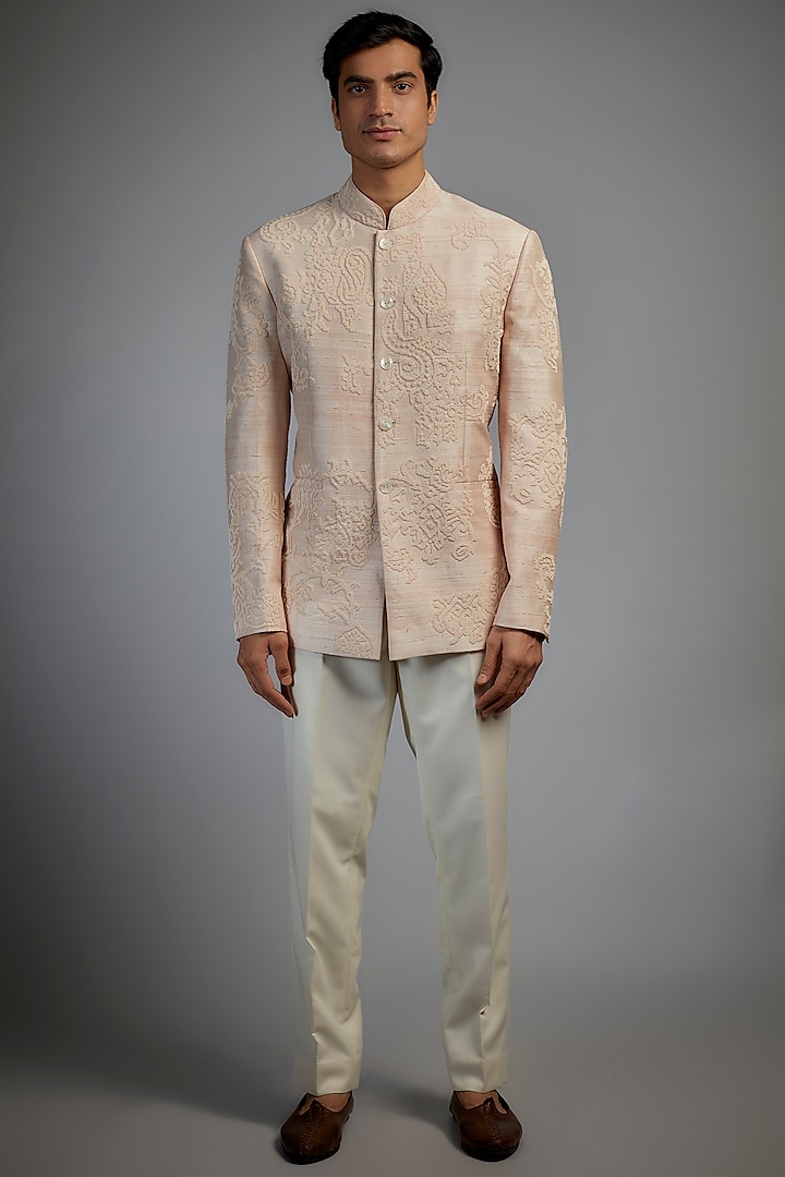 Oyster Pink Raw Silk & Blended Wool Bandhgala Set by Divyam Mehta Men