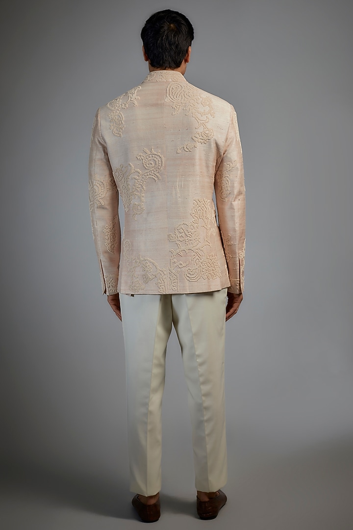 Oyster Pink Raw Silk & Blended Wool Groom Bandhgala Set by Divyam Mehta Men at Pernia's Pop Up Shop
