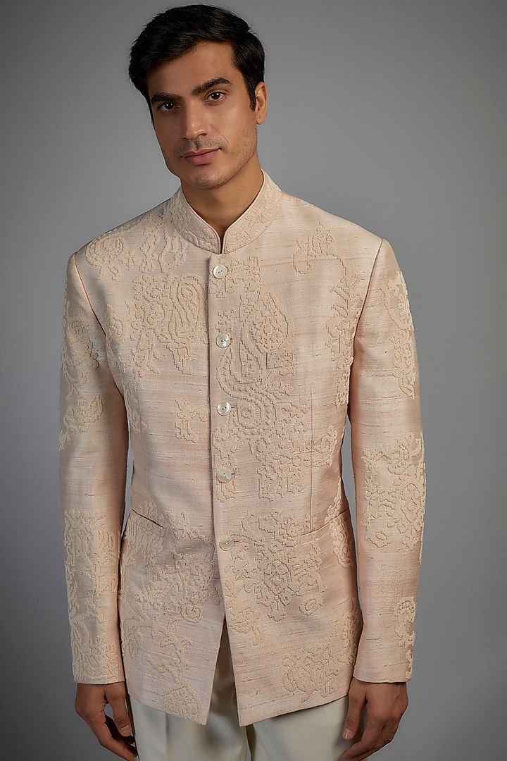 Oyster Pink Raw Silk & Blended Wool Groom Bandhgala Set by Divyam Mehta Men at Pernia's Pop Up Shop