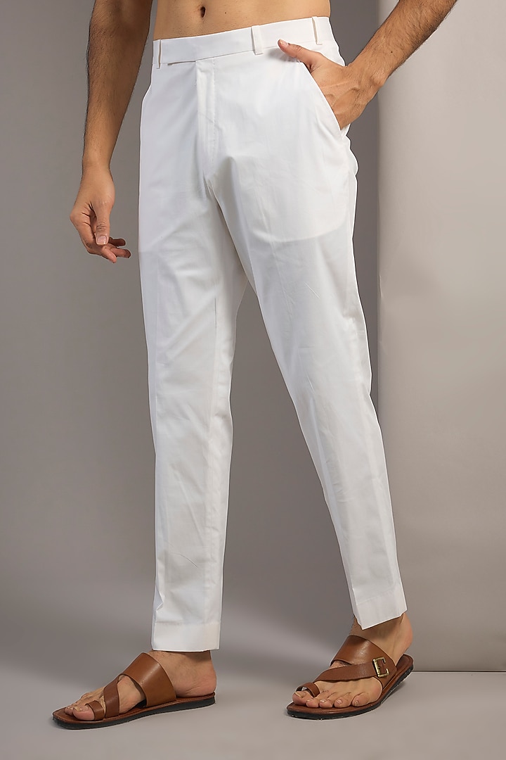 White Cotton Lycra Pants by Divyam Mehta Men at Pernia's Pop Up Shop