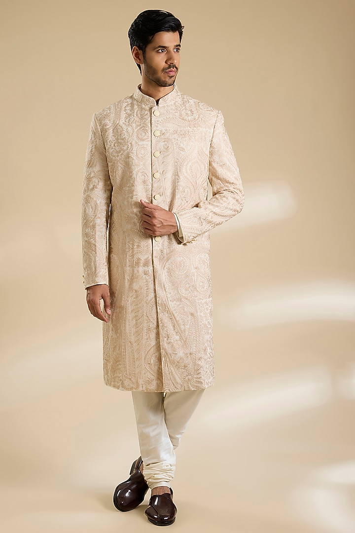 Ivory Raw Silk Sherwani Set by Divyam Mehta Men