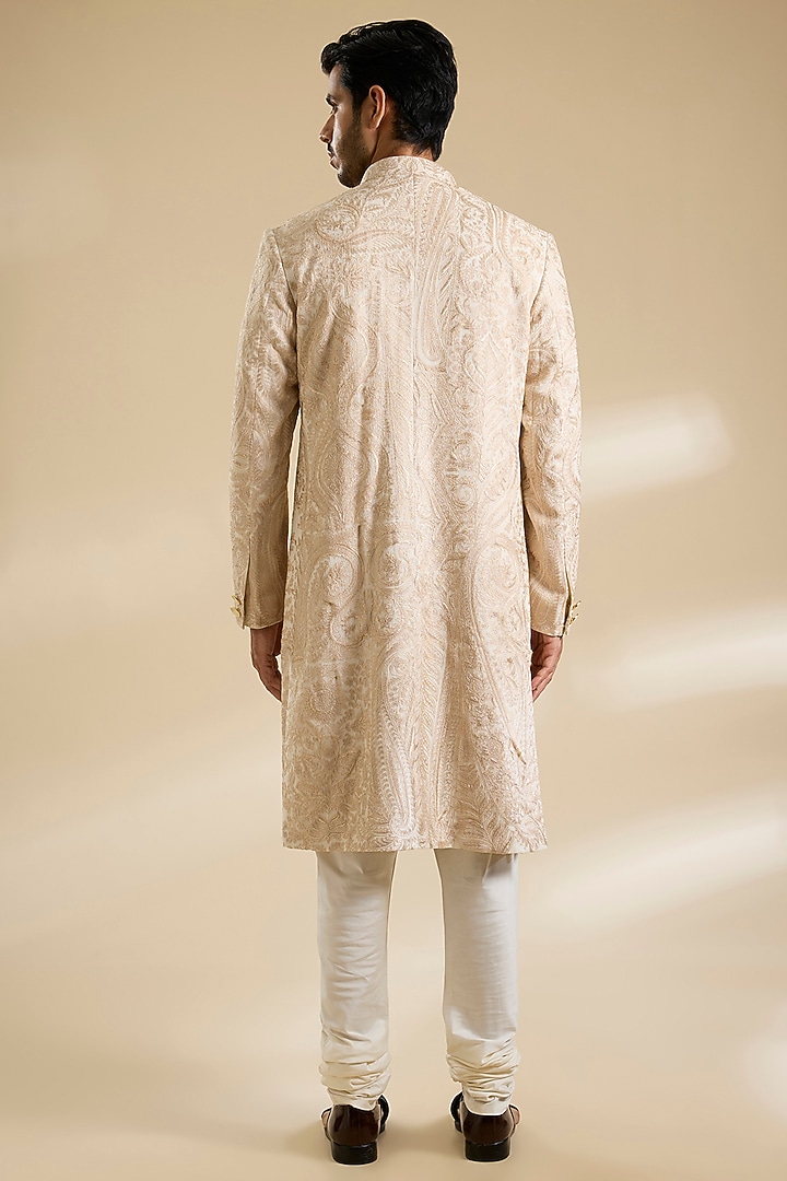 Ivory Raw Silk Groom Sherwani Set by Divyam Mehta Men at Pernia's Pop Up Shop
