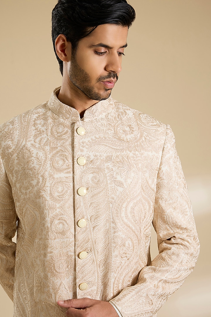 Ivory Raw Silk Groom Sherwani Set by Divyam Mehta Men at Pernia's Pop Up Shop