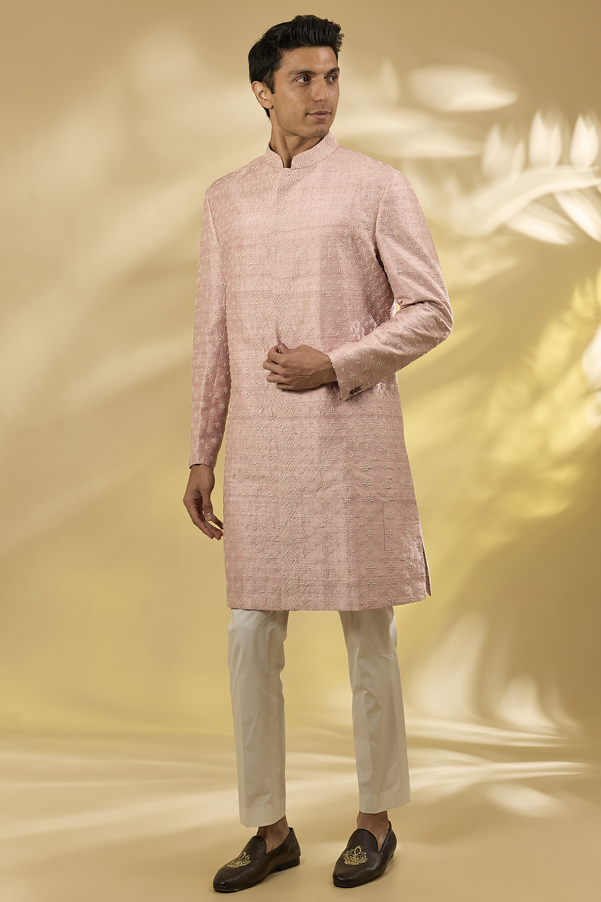 Pyazi Pink Silk Sherwani Set by Divyam Mehta Men