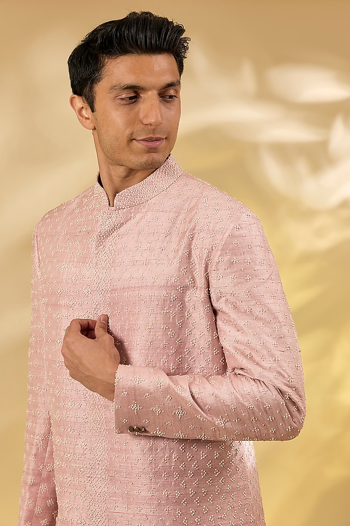 Pyazi Pink Silk Groom Sherwani Set by Divyam Mehta Men at Pernia's Pop Up Shop
