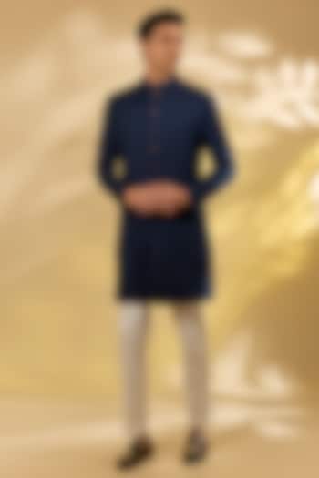 Midnight Blue Silk Embroidered Sherwani Set by Divyam Mehta Men