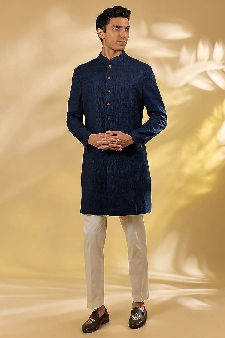 Midnight Blue Silk Embroidered Sherwani Set by Divyam Mehta Men