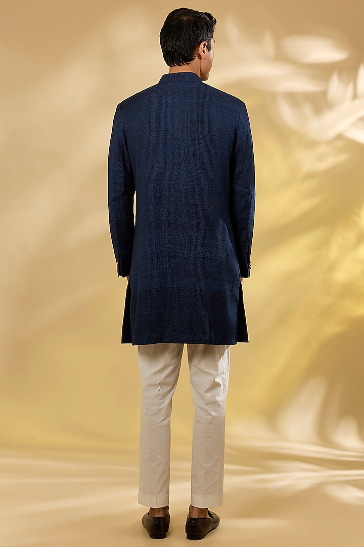 Midnight Blue Silk Embroidered Groom Sherwani Set by Divyam Mehta Men at Pernia's Pop Up Shop