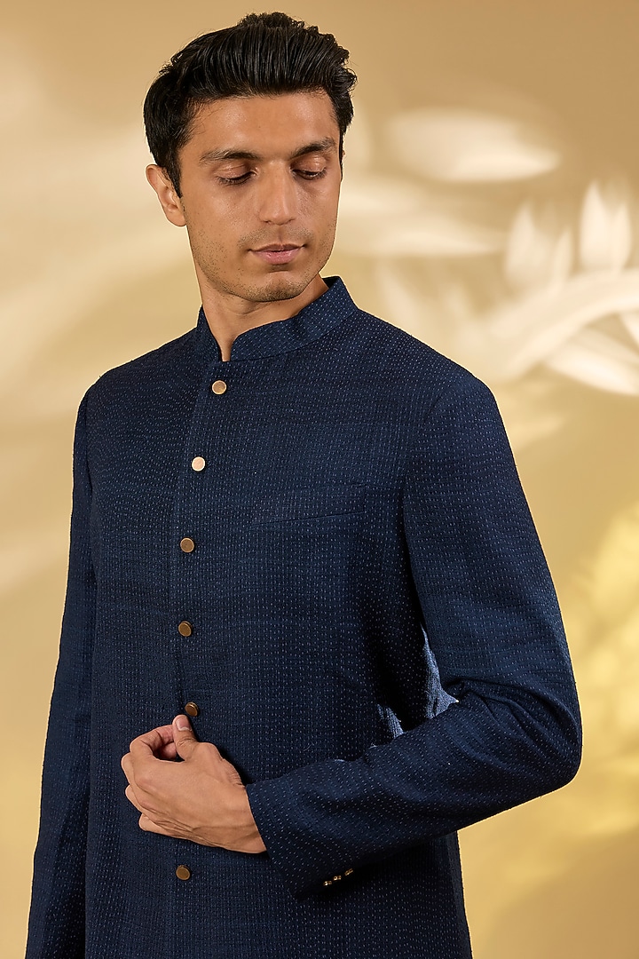 Midnight Blue Silk Embroidered Groom Sherwani Set by Divyam Mehta Men at Pernia's Pop Up Shop
