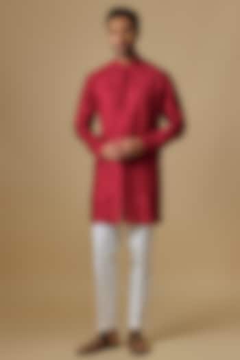 Red Raw Silk Kurta Set by Divyam Mehta Men