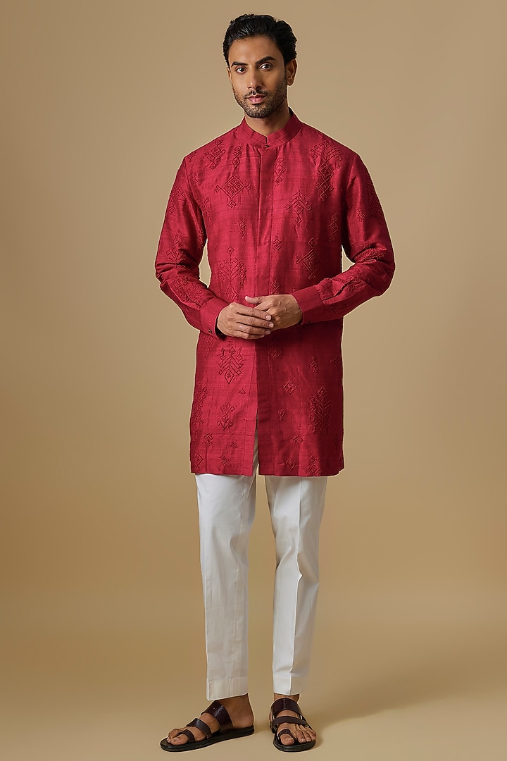 Red Raw Silk Kurta Set by Divyam Mehta Men
