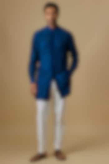 Dark Indigo Raw Silk Kurta Set by Divyam Mehta Men