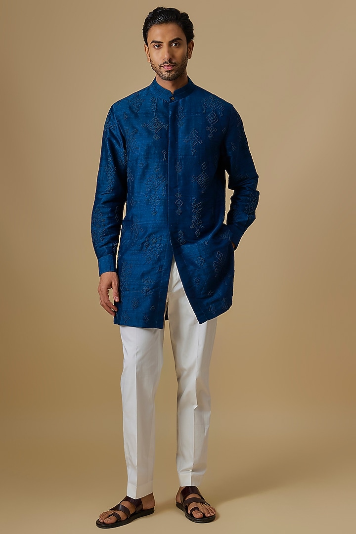 Dark Indigo Raw Silk Kurta Set by Divyam Mehta Men