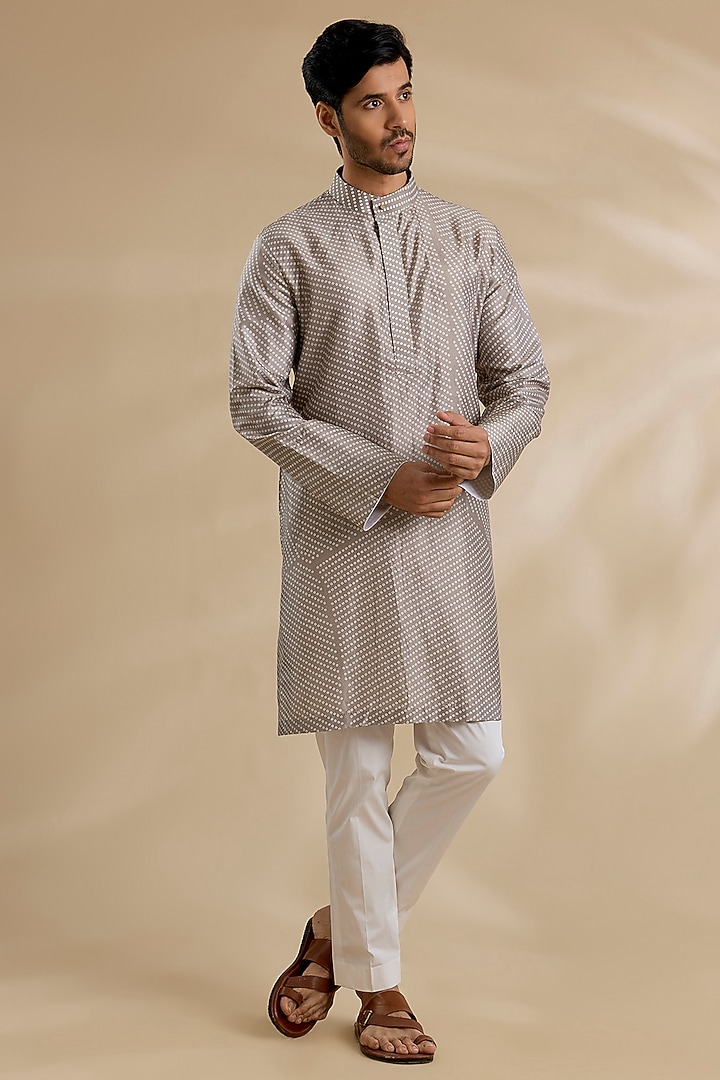 Grey Raw Silk & Stretch Cotton Kurta Set by Divyam Mehta Men