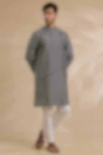 Coal Black Raw Silk & Stretch Cotton Kurta Set by Divyam Mehta Men