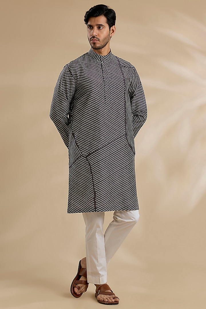 Coal Black Raw Silk & Stretch Cotton Kurta Set by Divyam Mehta Men