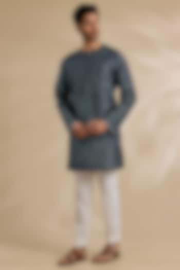 Space Blue Raw Silk & Stretch Cotton Kurta Set by Divyam Mehta Men