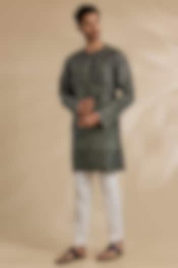 Black Raw Silk & Stretch Cotton Kurta Set by Divyam Mehta Men