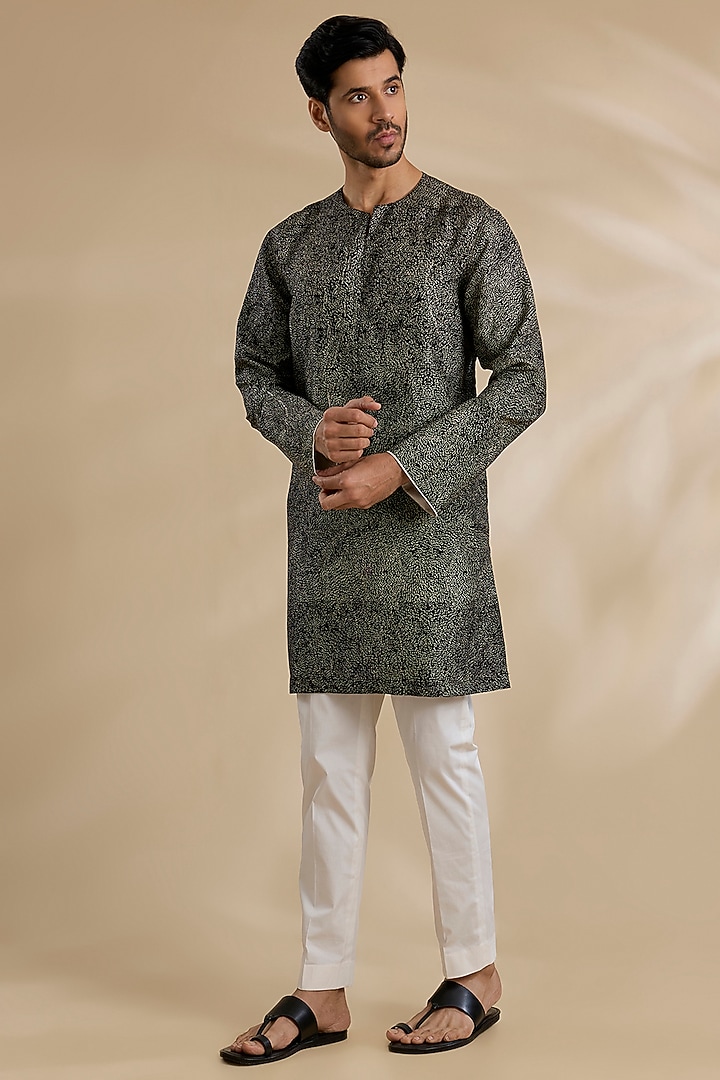 Black Raw Silk & Stretch Cotton Kurta Set by Divyam Mehta Men