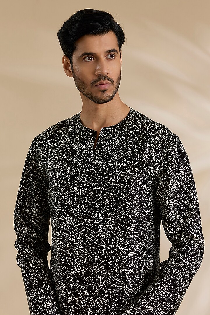 Black Raw Silk & Stretch Cotton Kurta Set by Divyam Mehta Men at Pernia's Pop Up Shop