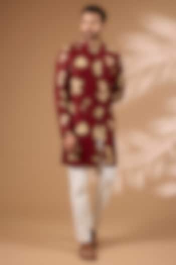 Cherry Red Raw Silk Kurta Set by Divyam Mehta Men